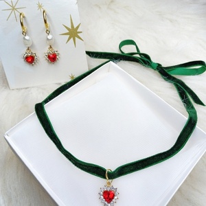 Χριστουγεννιάτικο σετ κολιέ σκουλαρίκια με κρεμαστές καρδούλες - γυαλί, μαργαριτάρι, καρδιά, χριστουγεννιάτικα δώρα