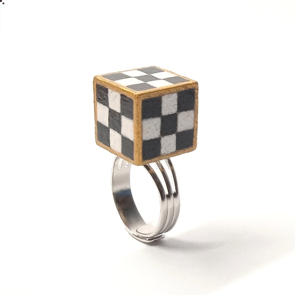 Δαχτυλίδι με ξύλινο κύβο (PR27) - ασήμι 925, γεωμετρικά σχέδια, μεγάλα, αυξομειούμενα, φθηνά