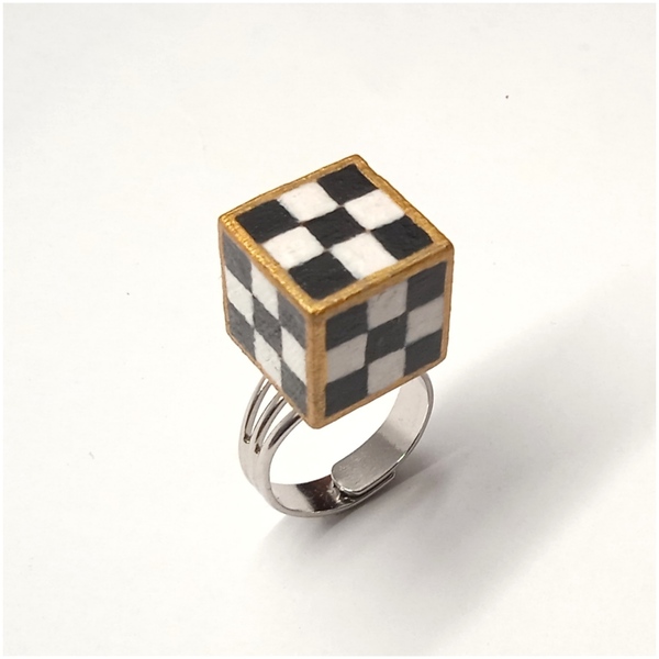 Δαχτυλίδι με ξύλινο κύβο (PR27) - ασήμι 925, γεωμετρικά σχέδια, μεγάλα, αυξομειούμενα, φθηνά - 3