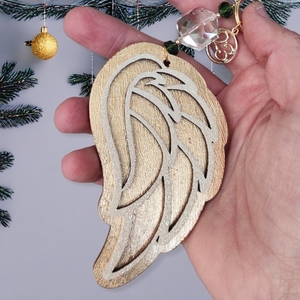 Ξύλινο φτερό, γούρι 2023, με φύλλο χρυσού και γκλίτερ, 13εκ - ξύλο, γούρι, φτερό, χριστουγεννιάτικα δώρα, γούρια - 3