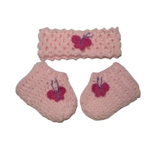 Πλεκτό βρεφικό σετ από ροζ καλτσάκια και κορδέλα με φούξια πεταλούδα (0-6 μηνών χειροποίητα) - κορίτσι, σετ, βρεφικά ρούχα - 3