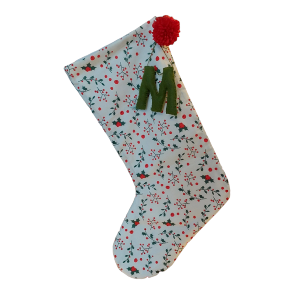 Χριστουγεννιάτικη βαμβακερή κάλτσα δώρων με γράμμα ονόματος και πομ πον- γκι 40εκ. - ύφασμα, διακοσμητικά