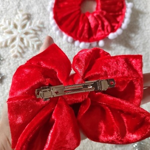 Χειροποίητος Χριστουγεννιάτικος τριπλός κόκκινος βελούδινος φιόγκος με μπαρέτα 15*15 εκ. 1τμχ - ύφασμα, φιόγκος, βελούδο, χριστούγεννα - 4