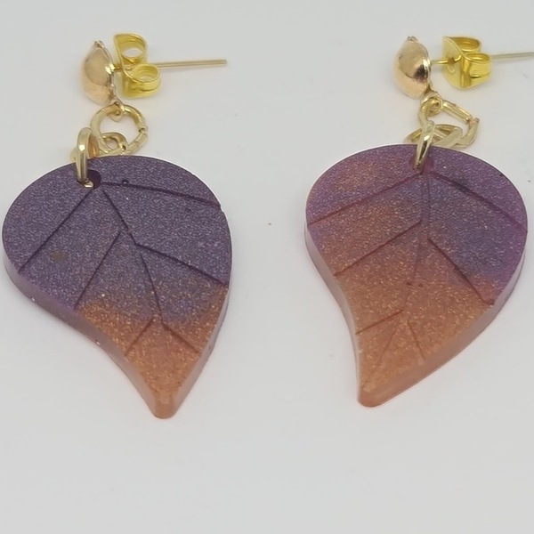 Σκουλαρικια δίχρωμα φύλλα μοβ χρυσό - γυαλί, κρεμαστά