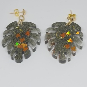 Σκουλαρικια φυλλα πράσινα με φύλλα χρυσά - γυαλί, κρεμαστά