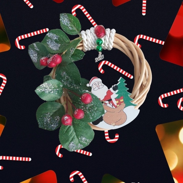 Μινιατούρα χριστουγεννιάτικο στεφάνι με Άη-Βασίλη 15cm - ξύλο, στεφάνια, άγιος βασίλης, γούρια - 4