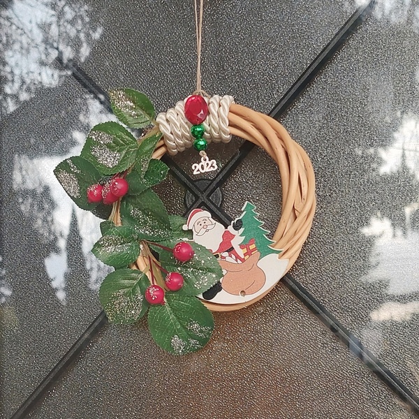 Μινιατούρα χριστουγεννιάτικο στεφάνι με Άη-Βασίλη 15cm - ξύλο, στεφάνια, άγιος βασίλης, γούρια - 5