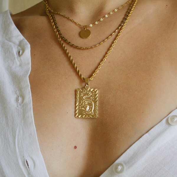 Necklace dragon gold - κοντά, ατσάλι - 2