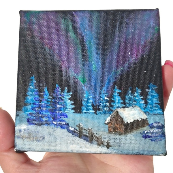 Βόρειο σέλας ζωγραφισμένο σε καμβαδάκι 10χ10 εκ. Χειμωνιάτικο τοπίο ζωγραφισμένο σε καμβά. - πίνακες & κάδρα, καμβάς, πίνακες ζωγραφικής - 2