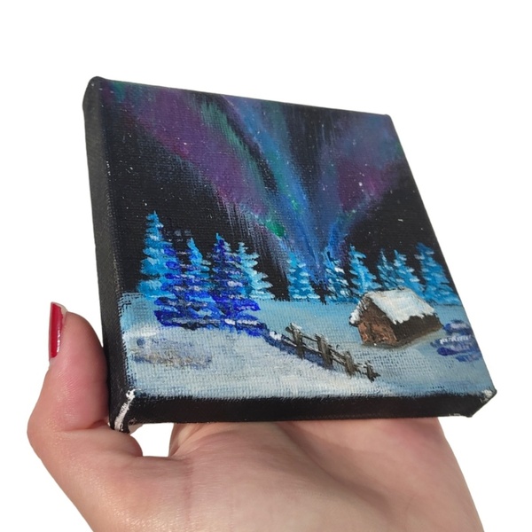 Βόρειο σέλας ζωγραφισμένο σε καμβαδάκι 10χ10 εκ. Χειμωνιάτικο τοπίο ζωγραφισμένο σε καμβά. - πίνακες & κάδρα, καμβάς, πίνακες ζωγραφικής - 3
