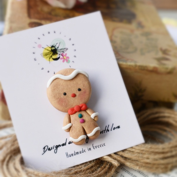 Gingerbread Man | Χειροποίητη καρφίτσα μπισκότο από πολυμερικό πηλό (4,5εκ.) - ορείχαλκος, πηλός, χριστουγεννιάτικα δώρα - 4