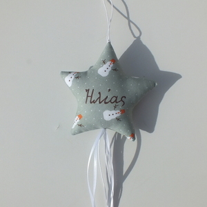Προσωποποιημένο Χριστουγεννιάτικο στολίδι αστέρι - χιονάνθρωποι dusty mint - ύφασμα, αστέρι, χριστουγεννιάτικα δώρα, στολίδια, προσωποποιημένα - 2