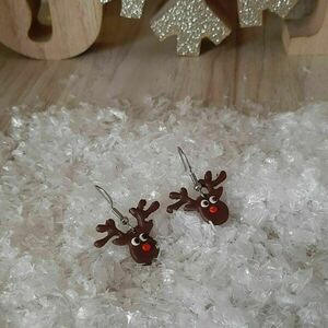 Κρεμαστά σκουλαρίκια με Rudolf από πολυμερικό πηλό και ατσάλι - πηλός, μικρά, ατσάλι, κρεμαστά, γάντζος - 3