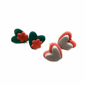 Καρδούλες! Σετ 2 ζευγάρια σκουλαρίκια καρφωτά, με πολυμερικό πηλό! Valentines ❤ - πηλός, λουλούδι, μικρά, καρφάκι