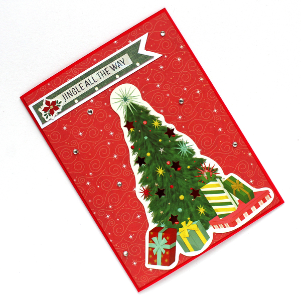 Χριστουγεννιάτικη κάρτα "Jingle all the way" - χαρτί, ευχετήριες κάρτες, δέντρο - 2