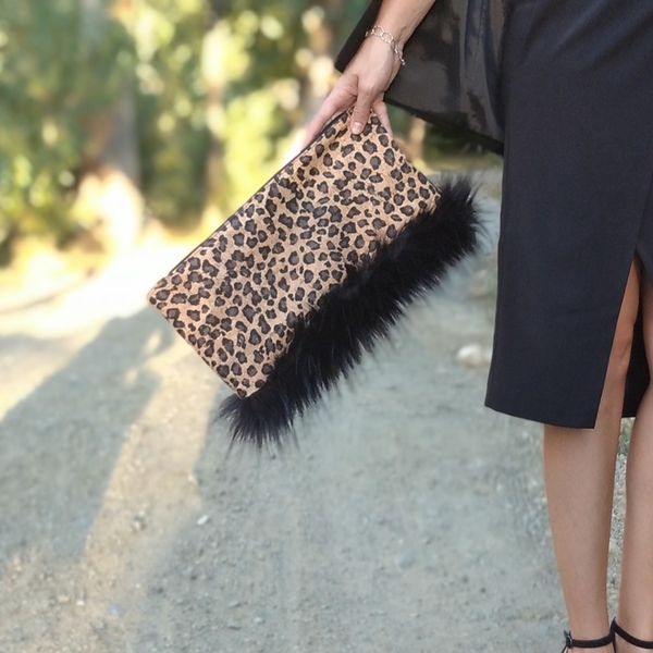 Clutch Leopard με μαύρη γούνα. Γυναικεία τσάντα από φελλό. Anifantou - animal print, clutch, φελλός, χειρός, βραδινές - 3