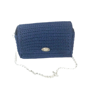 Τσάντα πλεκτή χειροποίητη χρώμα μπλε με ασημένια στοιχεία και δέρμα - δέρμα, ώμου, πλεκτές τσάντες, μικρές