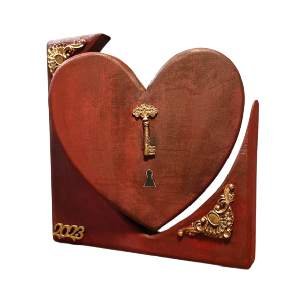 Επιτραπέζια Ξύλινη Καρδιά-Key-Μπορντό - ξύλο, vintage, καρδιά, χειροποίητα, διακοσμητικά