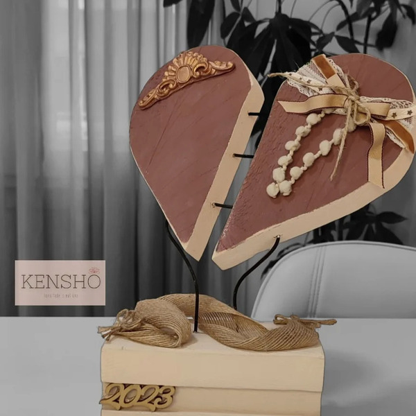 Επιτραπέζια Ξύλινη Καρδιά-Σάπιο μήλο - ξύλο, vintage, καρδιά, χειροποίητα, διακοσμητικά - 2