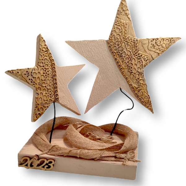 Επιτραπέζια Ξύλινα Αστέρια-Διπλό-Λευκό Χρυσό - ξύλο, vintage, αστέρι, πηλός, διακοσμητικά