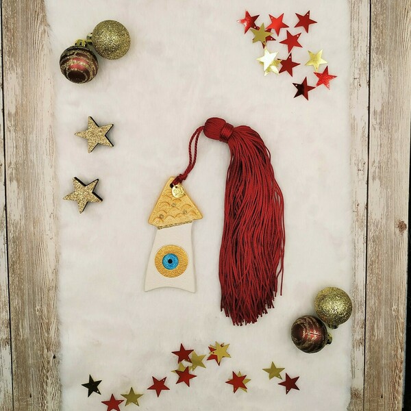 Γούρι 2023 - Κεραμικό επιτραπέζιο σπιτάκι (χρυσό με μπορντό φούντα) - σπίτι, πηλός, μέταλλο, χριστουγεννιάτικα δώρα, γούρια - 2