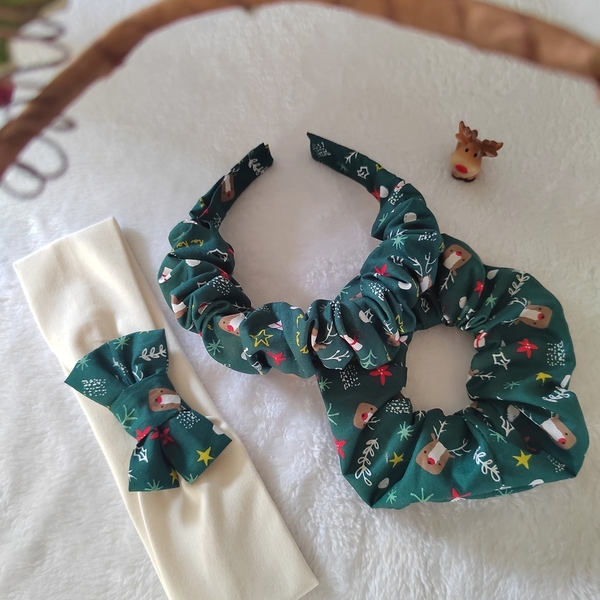 Σετ από Χριστουγεννιάτικη στέκα και scrunchie πρασινο υφασμάτινο Ρούντολφ 2τμχ - ύφασμα, αξεσουάρ, χριστουγεννιάτικα δώρα - 4