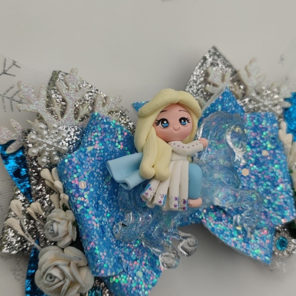 Παιδικό Κλιπ Μαλλιών Πρίγκιπισσα με άλογο από glitter ύφασμα σε ασημι και μπλε 15x13 εκ - φιόγκος, κορίτσι, δώρο, αξεσουάρ μαλλιών - 3