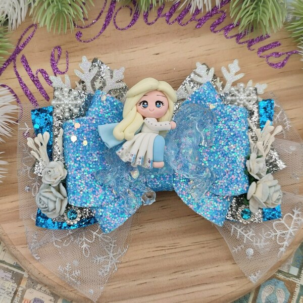 Παιδικό Κλιπ Μαλλιών Πρίγκιπισσα με άλογο από glitter ύφασμα σε ασημι και μπλε 15x13 εκ - φιόγκος, κορίτσι, δώρο, αξεσουάρ μαλλιών - 2