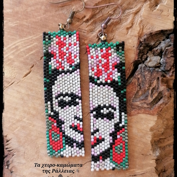 Σκουλαρίκια Frida Kahlo - γυαλί, χάντρες, κρεμαστά, μεγάλα, γάντζος - 2