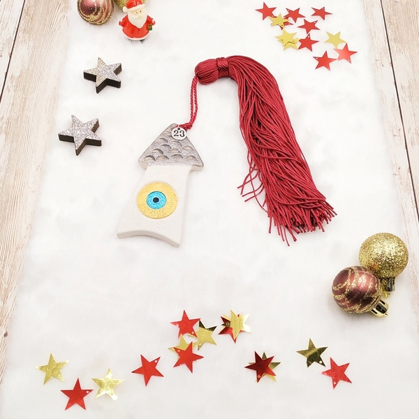 Γούρι 2023 - Κεραμικό επιτραπέζιο σπιτάκι (ασημί με μπορντό φούντα) - σπίτι, πηλός, μέταλλο, χριστουγεννιάτικα δώρα, γούρια - 3