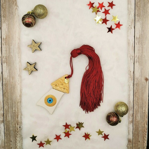Γούρι 2023 - Κεραμικό επιτραπέζιο σπιτάκι (χρυσό με μπορντό φούντα) - σπίτι, πηλός, μέταλλο, χριστουγεννιάτικα δώρα, γούρια - 3