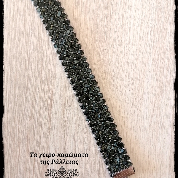 Βραχιόλι Herringbone γκρι-μαύρο με χάντρες - γυαλί, χάντρες, χεριού, χειροπέδες, αυξομειούμενα - 3