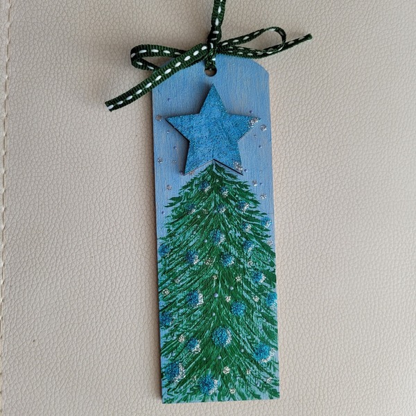 Σελιδοδείκτης ξύλινος 15 * 5 cm ζωγραφισμένος στο χέρι αστεράκι μπλε - ξύλο, αστέρι, στολίδια - 5
