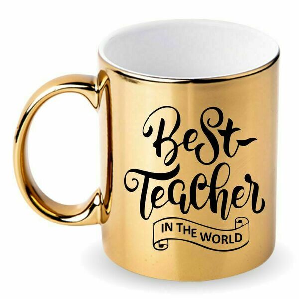 Κεραμική χρυσή κούπα καθρέπτης "Best Teacher in the world" 330ml με δυνατότητα αφιέρωσης στην πίσω πλευρά - πορσελάνη, κούπες & φλυτζάνια, δώρα για δασκάλες, είδη κουζίνας, προσωποποιημένα