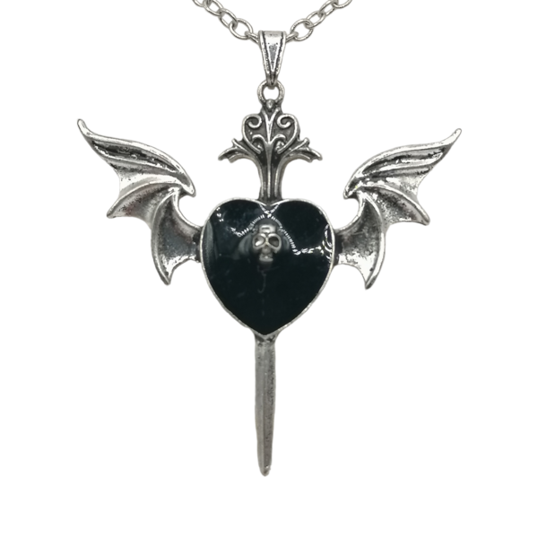 Ασημί Unisex goth κολιέ με μαύρη καρδιά, φτερά νυχτερίδας και σπαθί - χαλκός, καρδιά, μακριά, μεγάλα