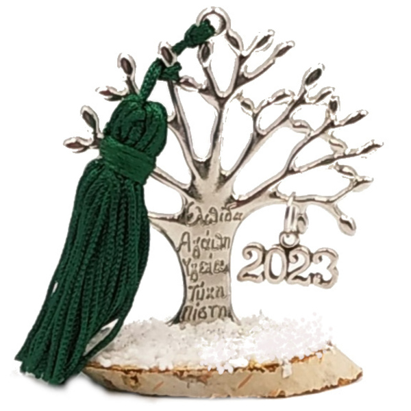 Γούρι 2023 - Μεταλλικό δέντρο ζωής με ευχές (ασημί) - πράσινη φούντα - ξύλο, μέταλλο, χριστουγεννιάτικα δώρα, γούρια, δέντρο