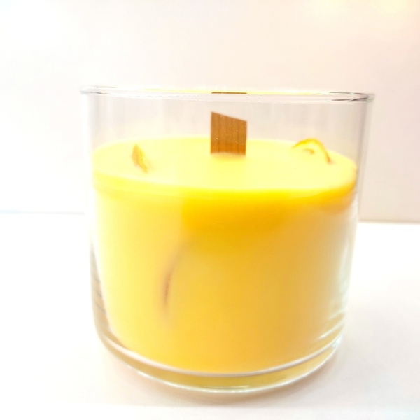 Κερί αρωματικό κίτρινου χρώματος με άρωμα πορτοκάλι σε γυάλινο ποτήρι 10εκΧ10εk - αρωματικά κεριά
