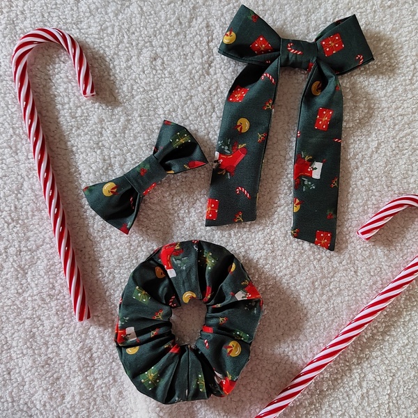 Χειροποίητο πράσινο σκούρο χριστουγεννιάτικο φιογκάκι για τα μαλλιά με μπαρετα 11εκ 1τμχ. - ύφασμα, χριστουγεννιάτικα δώρα, hair clips - 3