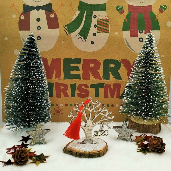 Γούρι 2023 - Μεταλλικό δέντρο ζωής με ευχές (ασημί) - επιτραπέζιο στρογγυλό - ξύλο, μέταλλο, χριστουγεννιάτικα δώρα, γούρια, δέντρο - 3