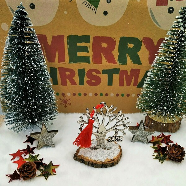 Γούρι 2023 - Μεταλλικό δέντρο ζωής με ευχές (ασημί) - επιτραπέζιο στρογγυλό - ξύλο, μέταλλο, χριστουγεννιάτικα δώρα, γούρια, δέντρο - 4
