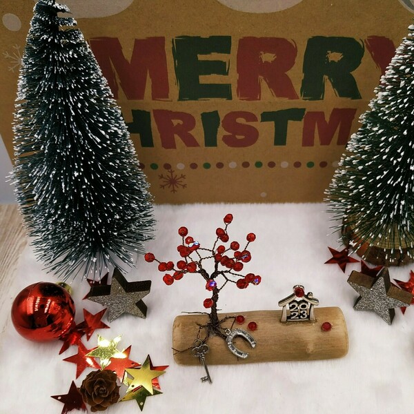 Γούρι 2023 - Δέντρο ζωής από σύρμα σε ξύλο θαλάσσης με κόκκινες χάντρες - ασημί λεπτομέρειες - ξύλο, χριστουγεννιάτικα δώρα, γούρια, δέντρο - 4