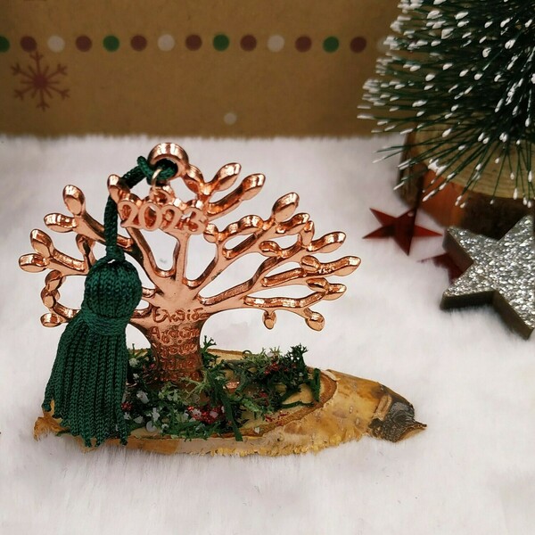 Γούρι 2023 - Μεταλλικό δέντρο ζωής με ευχές (ροζ χρυσό) - πράσινη φούντα και βρύα - ξύλο, μέταλλο, διακοσμητικά, χριστουγεννιάτικα δώρα, δέντρο - 3