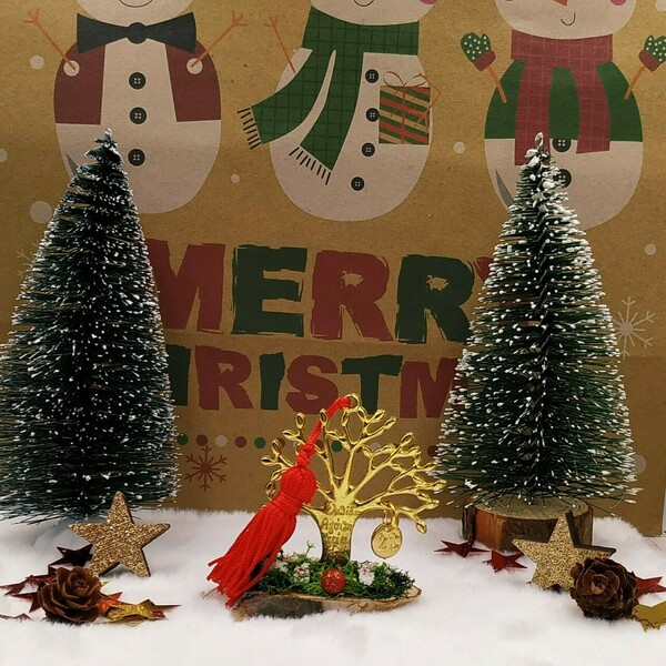 Γούρι 2023 - Μεταλλικό δέντρο ζωής με ευχές (χρυσό) - κόκκινη φούντα - ξύλο, μέταλλο, χριστουγεννιάτικα δώρα, γούρια, δέντρο - 4