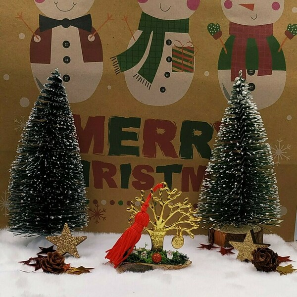 Γούρι 2023 - Μεταλλικό δέντρο ζωής με ευχές (χρυσό) - κόκκινη φούντα - ξύλο, μέταλλο, χριστουγεννιάτικα δώρα, γούρια, δέντρο - 5