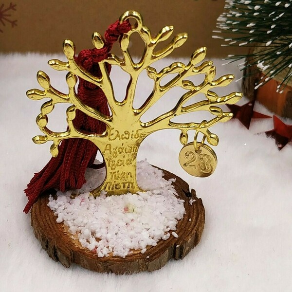Γούρι 2023 - Μεταλλικό δέντρο ζωής με ευχές (χρυσό) - μπορντό φούντα και χιόνι - ξύλο, μέταλλο, χριστουγεννιάτικα δώρα, γούρια, δέντρο - 3