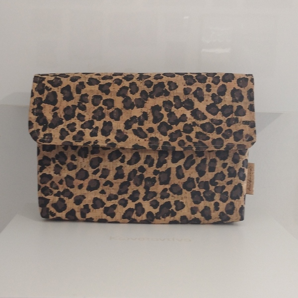 Γυναικεία τσάντα, φάκελος γυναικείος, από φελλό Leopard με παραλληλόγραμμο καπάκι. Anifantou - animal print, φάκελοι, φελλός, χειρός, βραδινές - 5