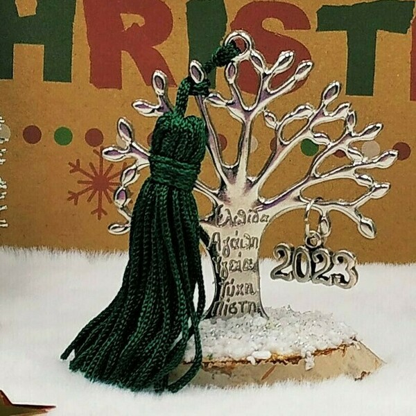 Γούρι 2023 - Μεταλλικό δέντρο ζωής με ευχές (ασημί) - πράσινη φούντα - ξύλο, μέταλλο, χριστουγεννιάτικα δώρα, γούρια, δέντρο - 2