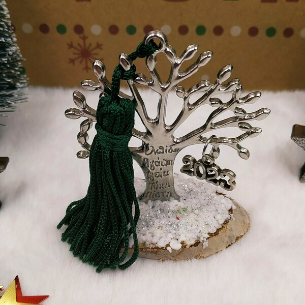 Γούρι 2023 - Μεταλλικό δέντρο ζωής με ευχές (ασημί) - πράσινη φούντα - ξύλο, μέταλλο, χριστουγεννιάτικα δώρα, γούρια, δέντρο - 3