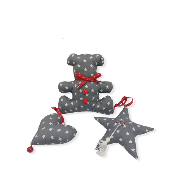 Διακοσμητικά Αρκουδάκι (15Χ15εκ.)-Αστεράκι (13Χ13εκ)-Καρδούλα (10Χ10εκ), Γκρι - ύφασμα, αστέρι, χριστουγεννιάτικα δώρα, σετ δώρου, δώρο γέννησης - 3