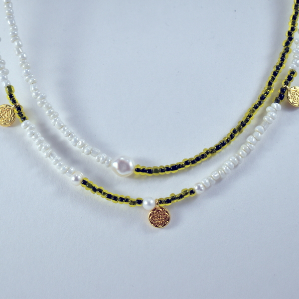 Κολιέ διπλό με φλουριά - μαργαριτάρι, επιχρυσωμένα, κοντά, φλουριά, seed beads
